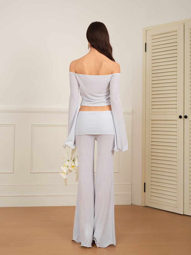 J TheChosen "Misybelle"Glitter Knit Wide-Leg Pants Set With Beaded Floral.