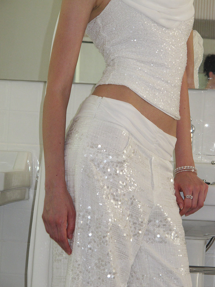 J TheChosen"Midday Moonbeam"White Sequin linen chiffon pleated pants