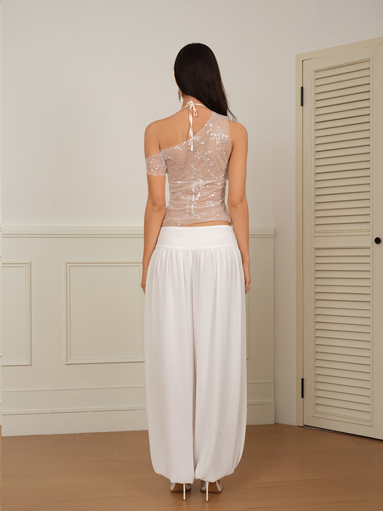 J TheChosen “Radiant"Asymmetrical One-Shoulder Sequin Sheer Mesh Slim-Fit Base Top