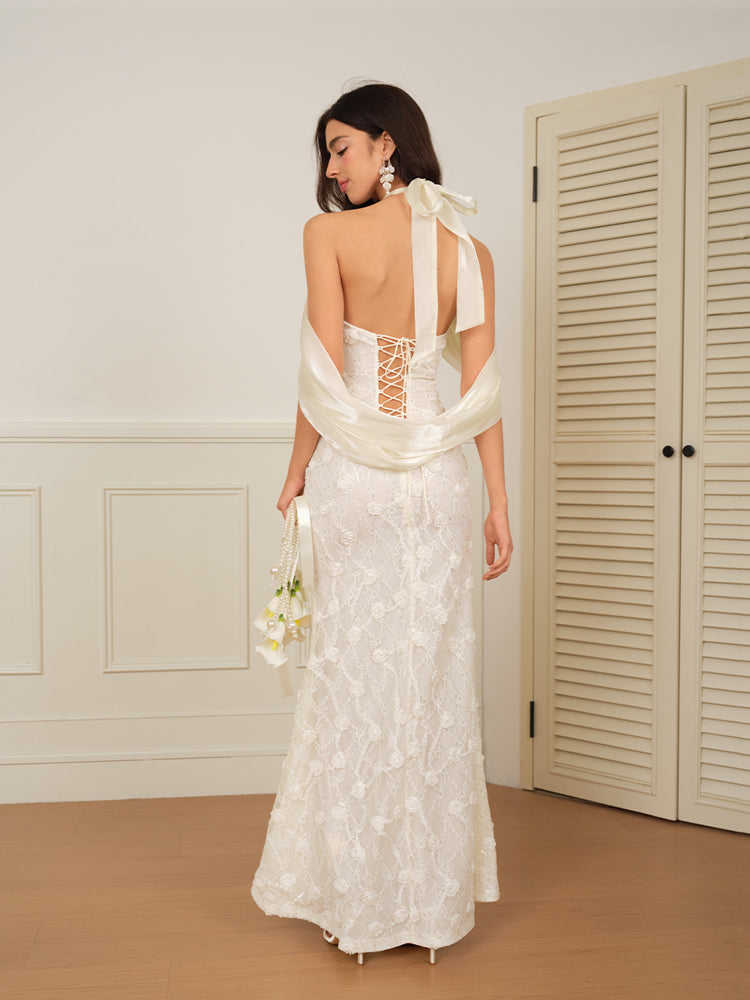 J TheChosen "Mist Bloom" Lace Sequin Embroidered 3D Flower Draped Dress / Long Dress