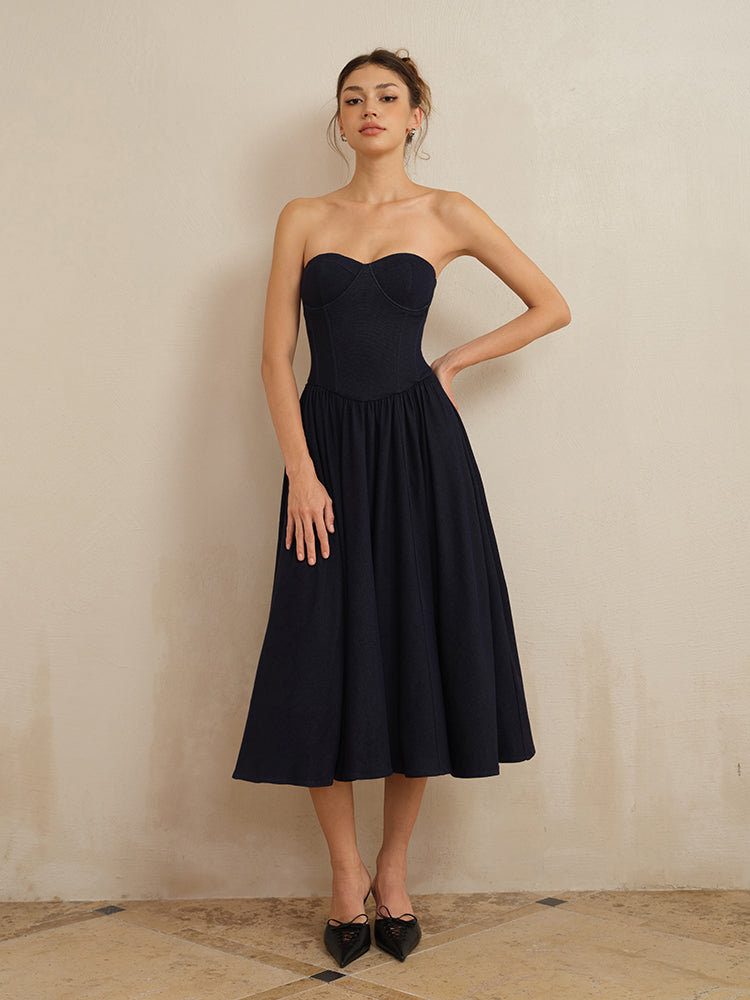 J TheChosen Navy Strapless Corset Midi Dress With Cardigan