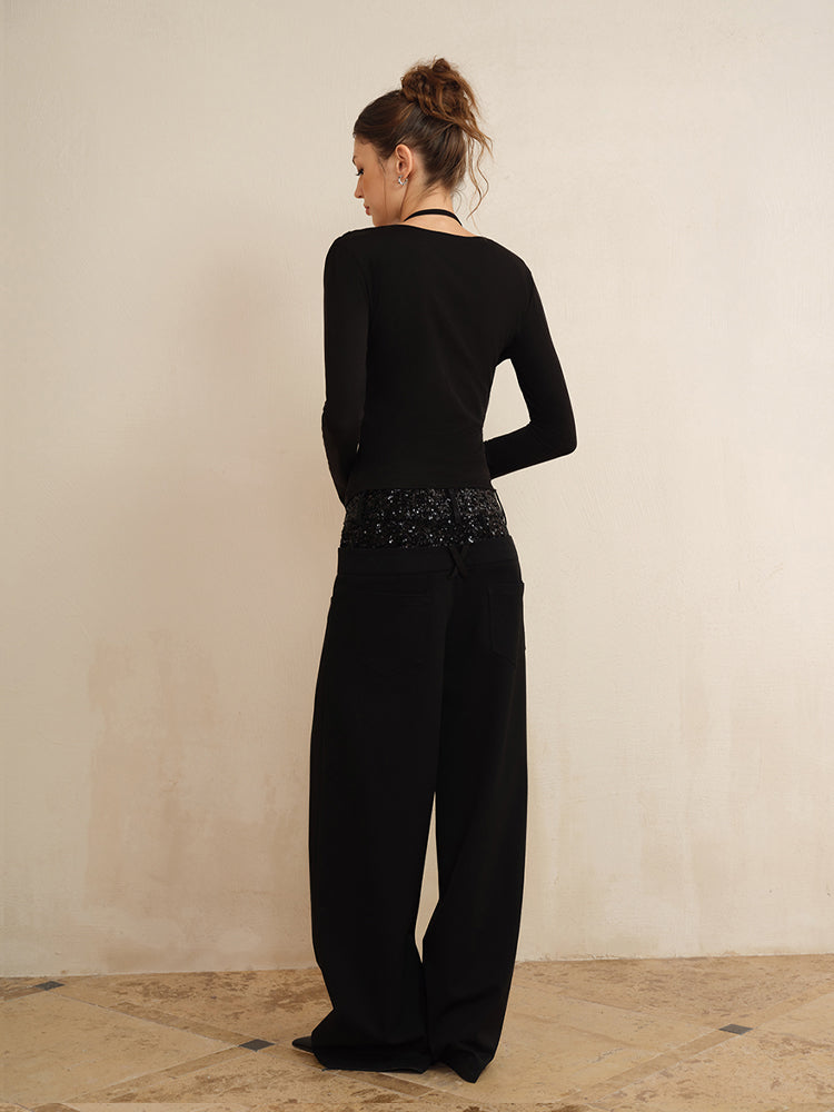 J TheChosen Dual-Waist Sequin Patchwork Wide-Leg Pants