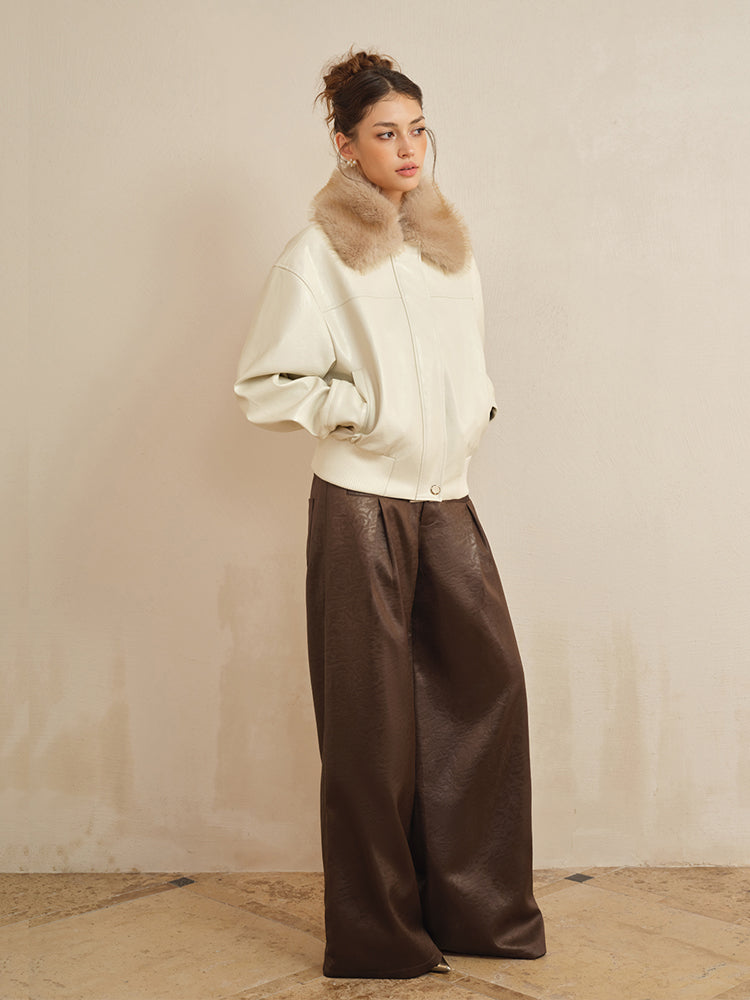 J TheChosen White Leather Jacket with Removable Faux Fur Collar