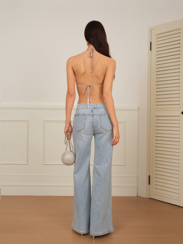 J TheChosen “Azure Starlight” Light Washed Crystal Button Wide-Leg Jeans
