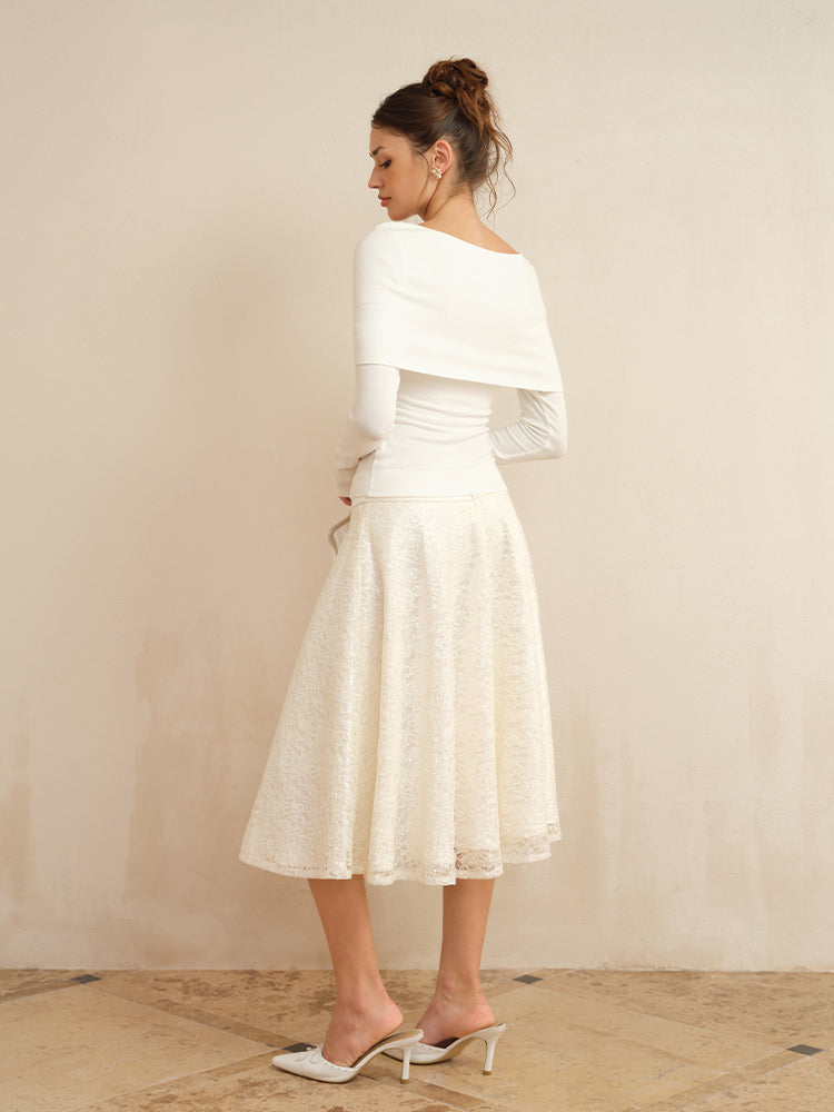 J TheChosen A-Line Flared Lace Sequin Satin Midi Skirt