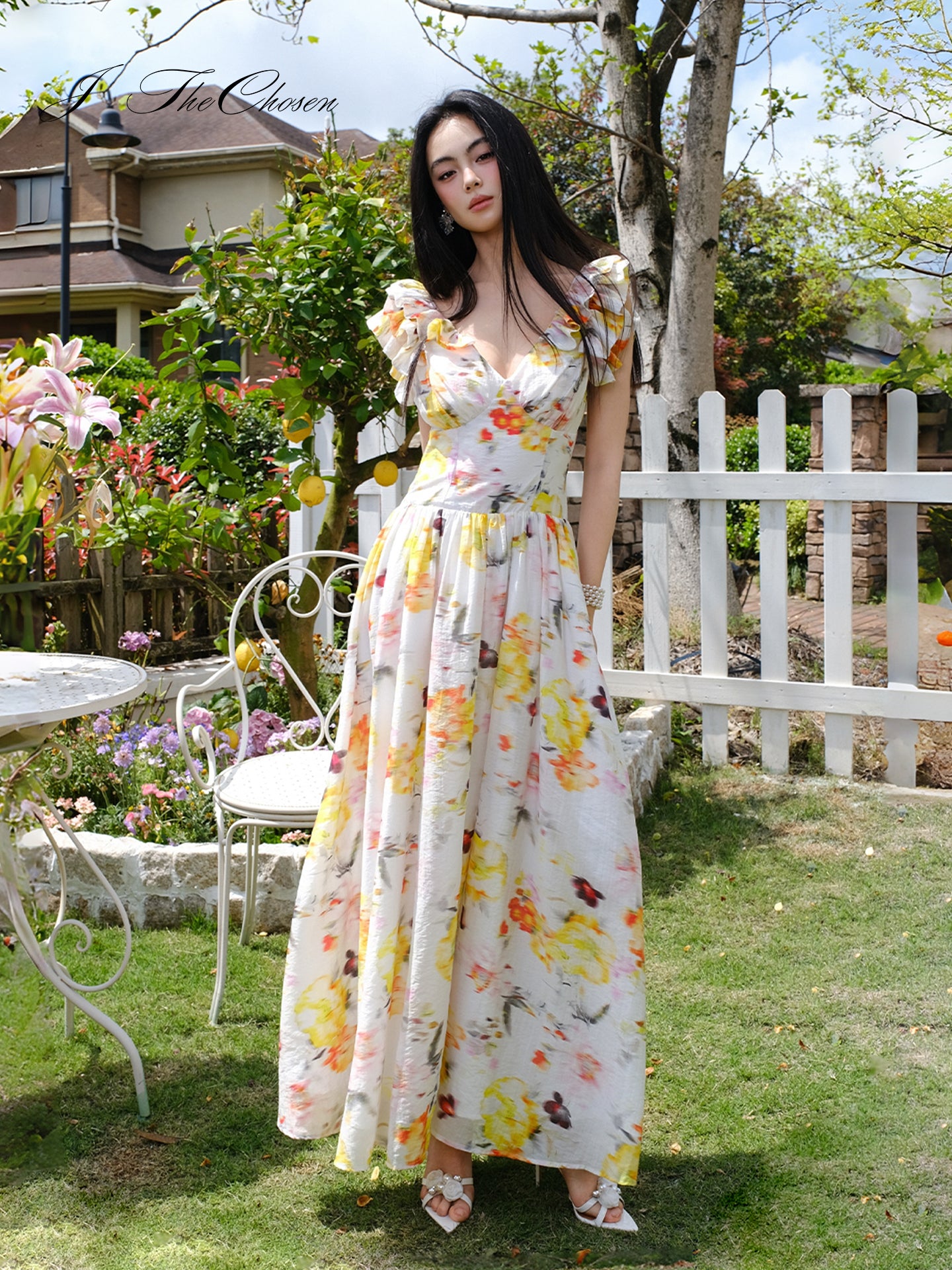 J TheChosen Ombre Floral Ruffle V-Neck Vacation Dress