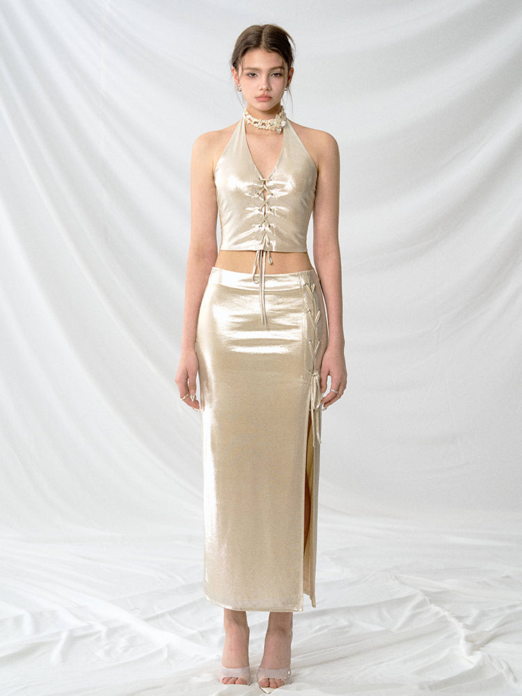 J TheChosen Champagne Glossy Short Skirt