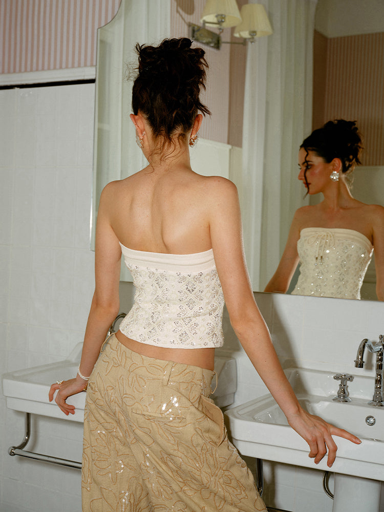 J TheChosen Beaded Heavy Embroidery Strapless Top
