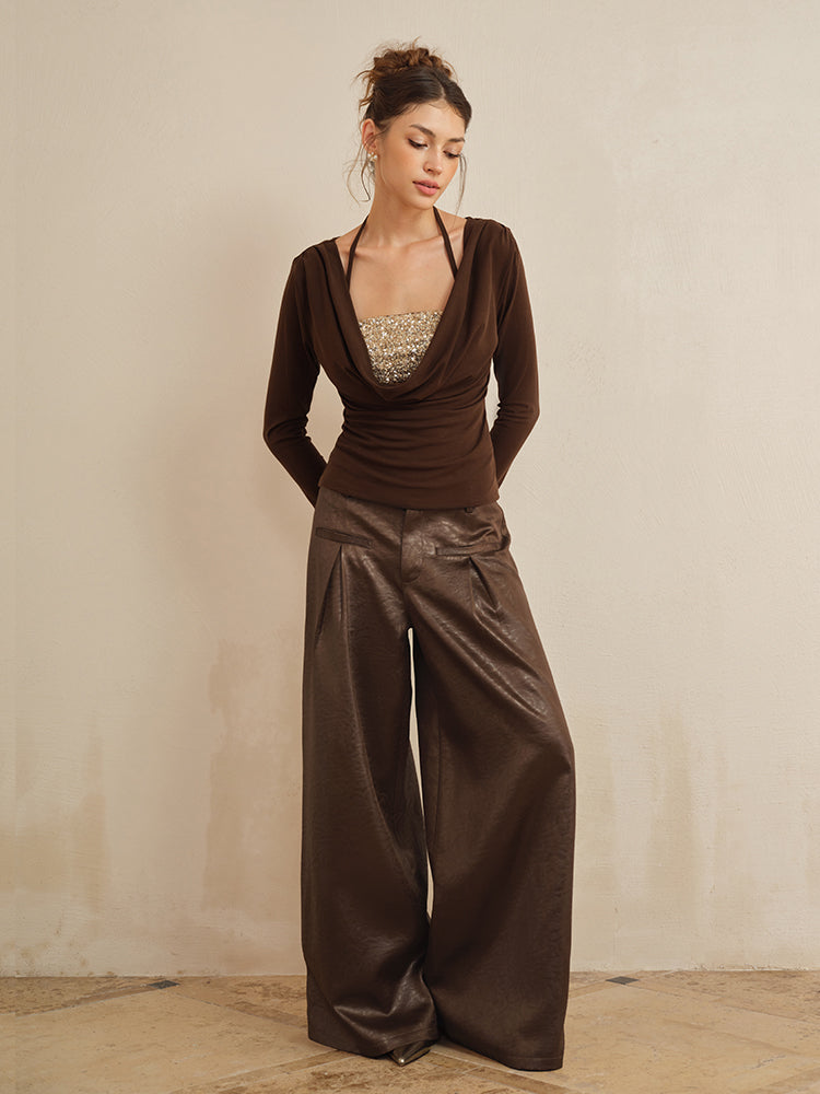 J TheChosen Satin-Textured Leather Wide-Leg Pants