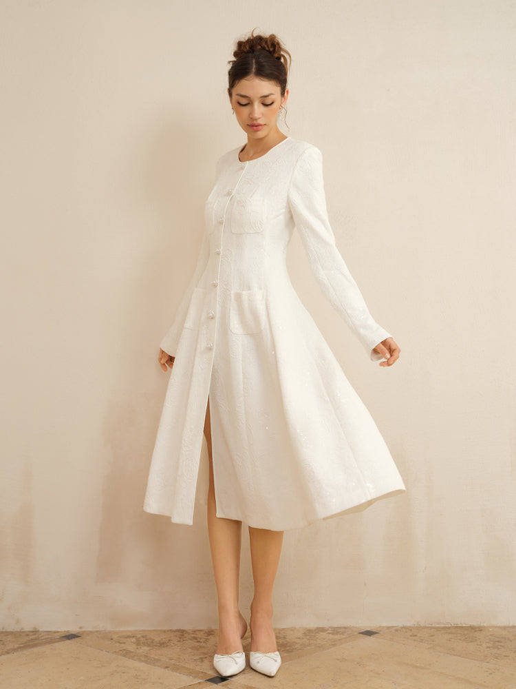 J TheChosen Camellia Lace Sequin With Pearl Buttons Midi Dress
