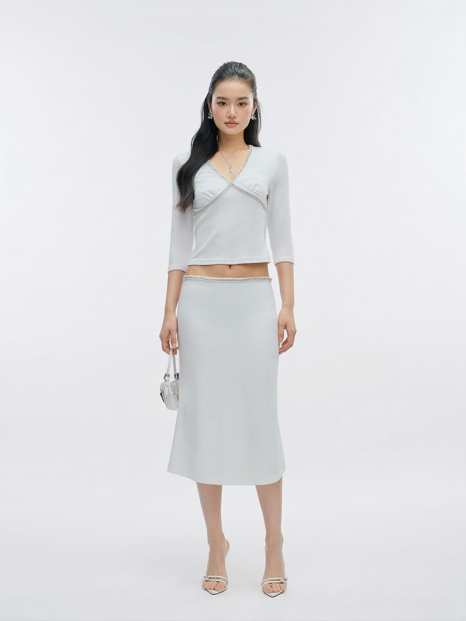 J TheChosen Pearl White V-Neck Top & Mermaid Skirt Set