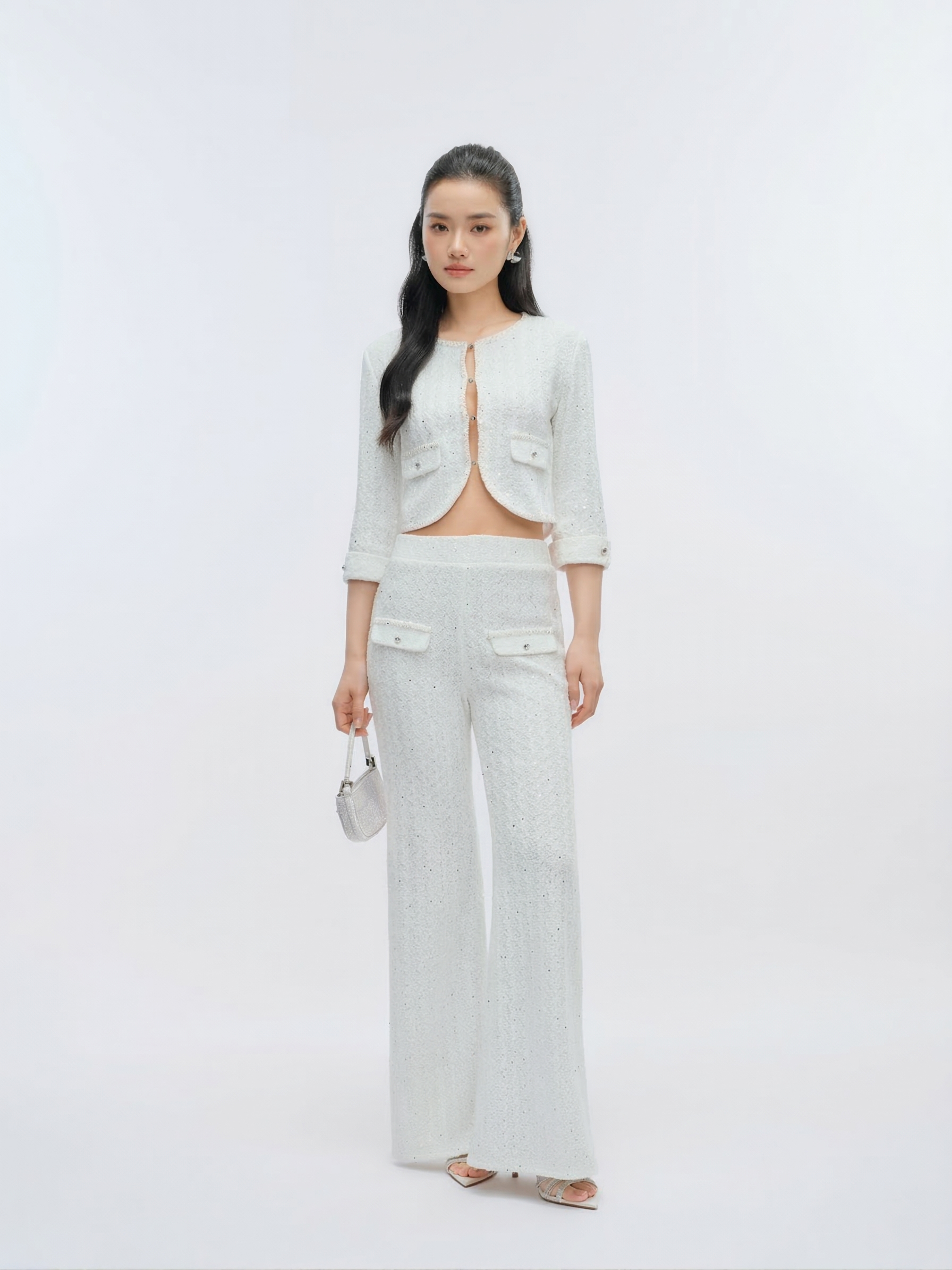 J TheChosen Openwork Sequin Knit Set with Flared Pants