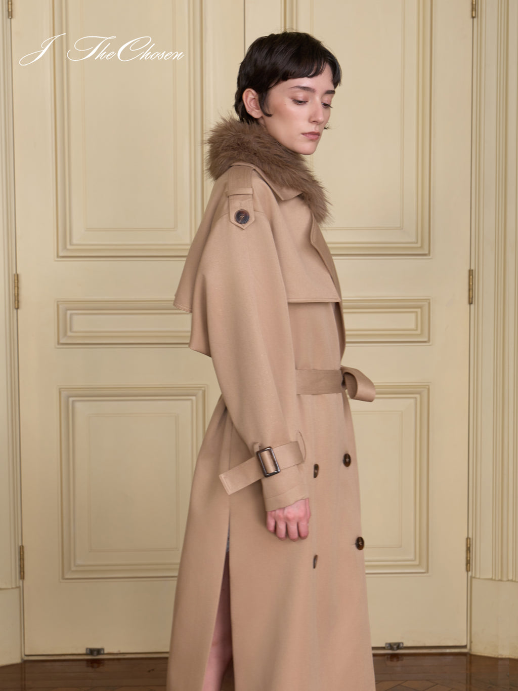 J TheChosen Shimmer Trench Coat with Fur Collar