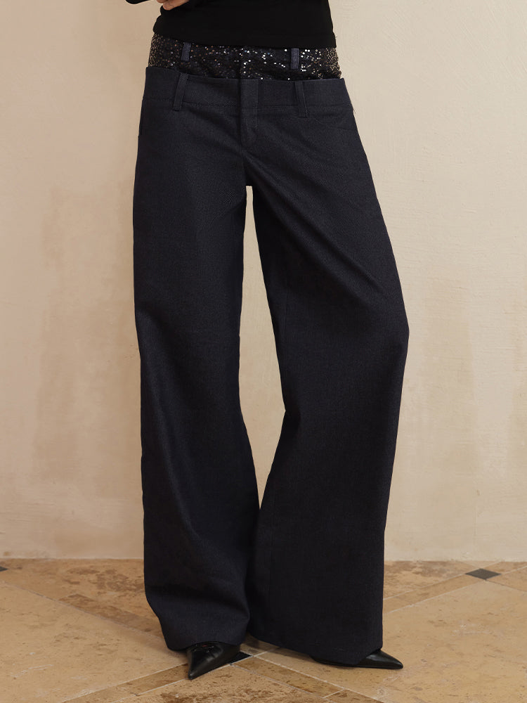 J TheChosen Dual-Waist Lace and Sequin Patchwork Navy Wide-Leg Pants