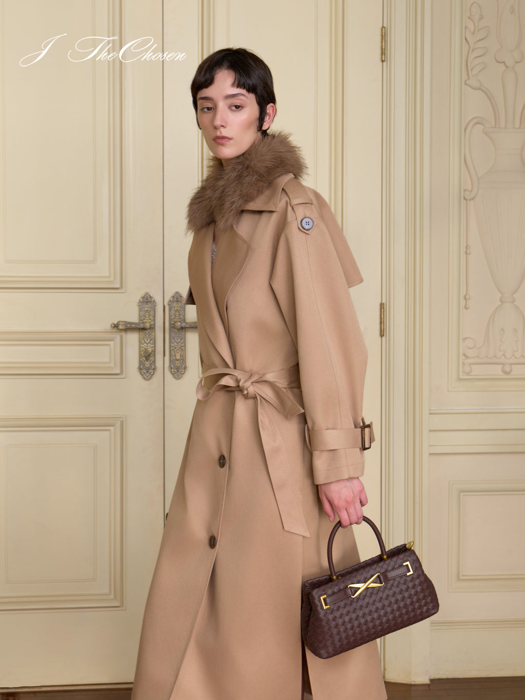 J TheChosen Shimmer Trench Coat with Fur Collar