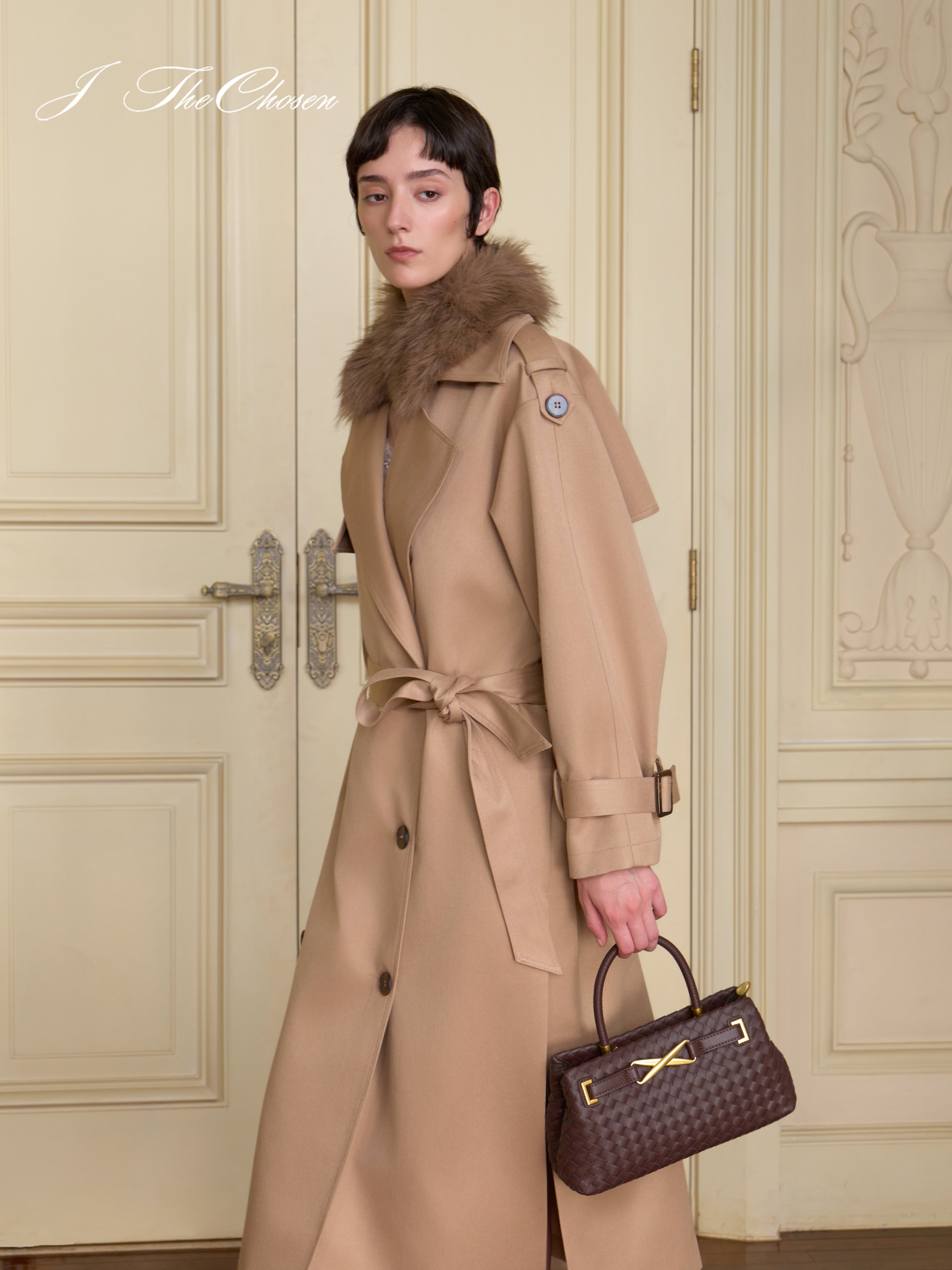 J TheChosen Shimmer Trench Coat with Fur Collar