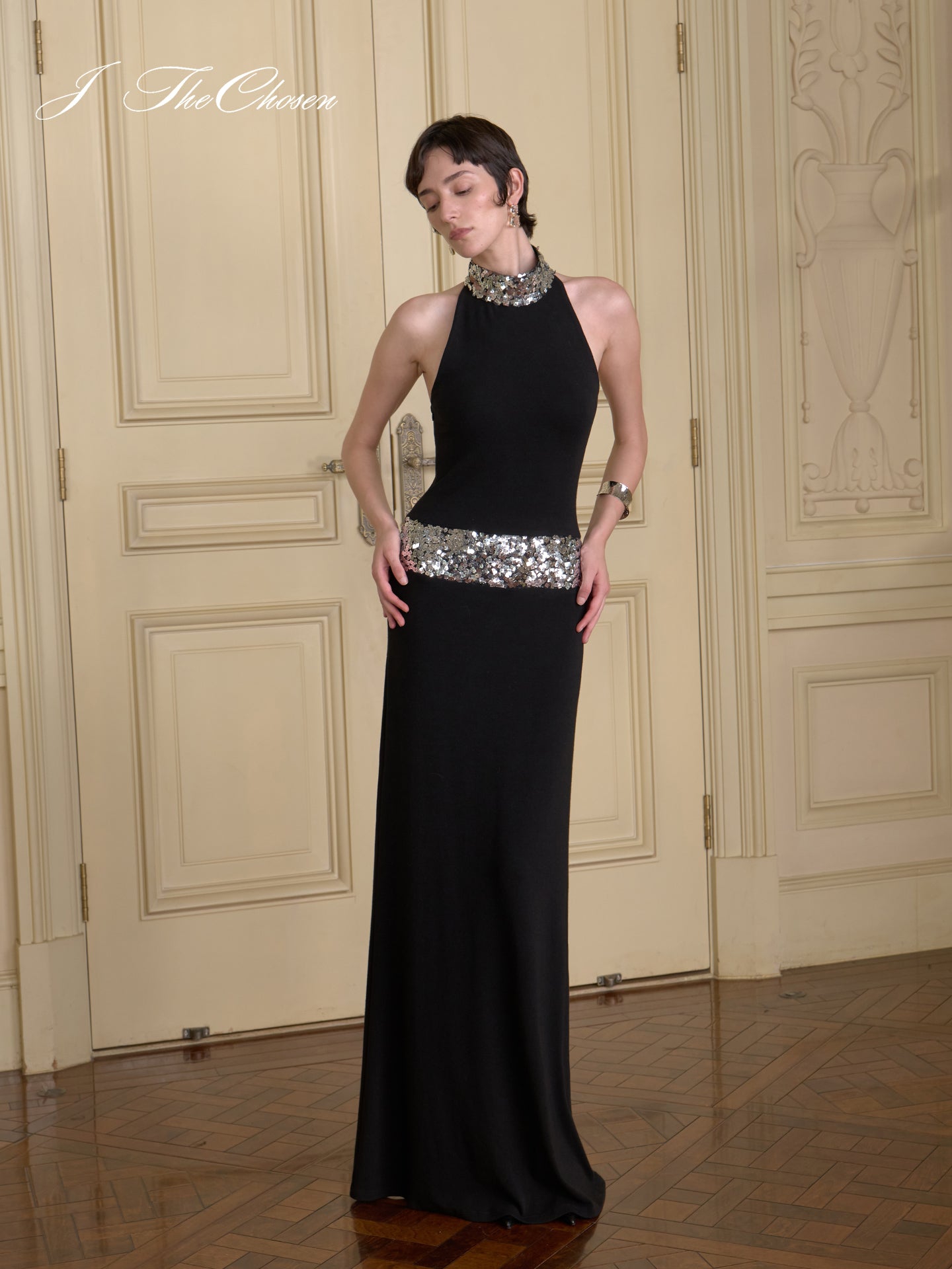 J TheChosen Sequin Knit Halter Gown