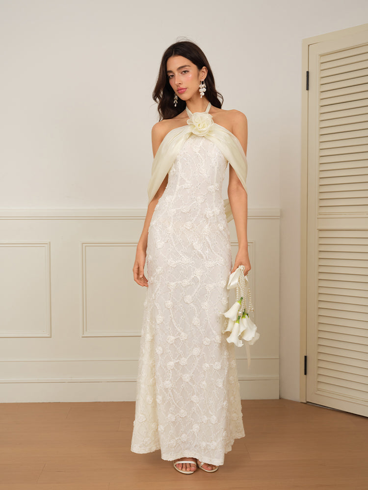 J TheChosen "Mist Bloom" Lace Sequin Embroidered 3D Flower Draped Dress / Long Dress