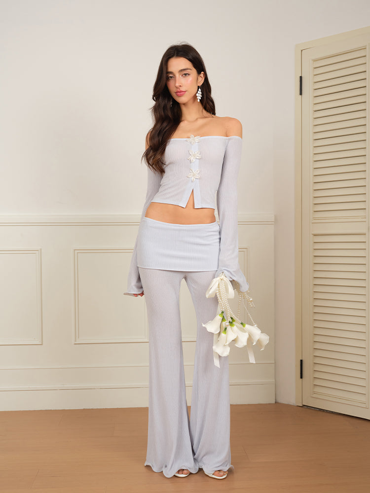 J TheChosen "Misybelle"Glitter Knit Wide-Leg Pants Set With Beaded Floral.