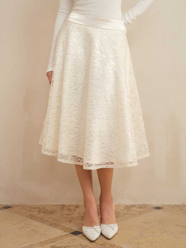 J TheChosen A-Line Flared Lace Sequin Satin Midi Skirt