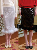 J TheChosen Ostrich Feather Sequin Midi Skirt