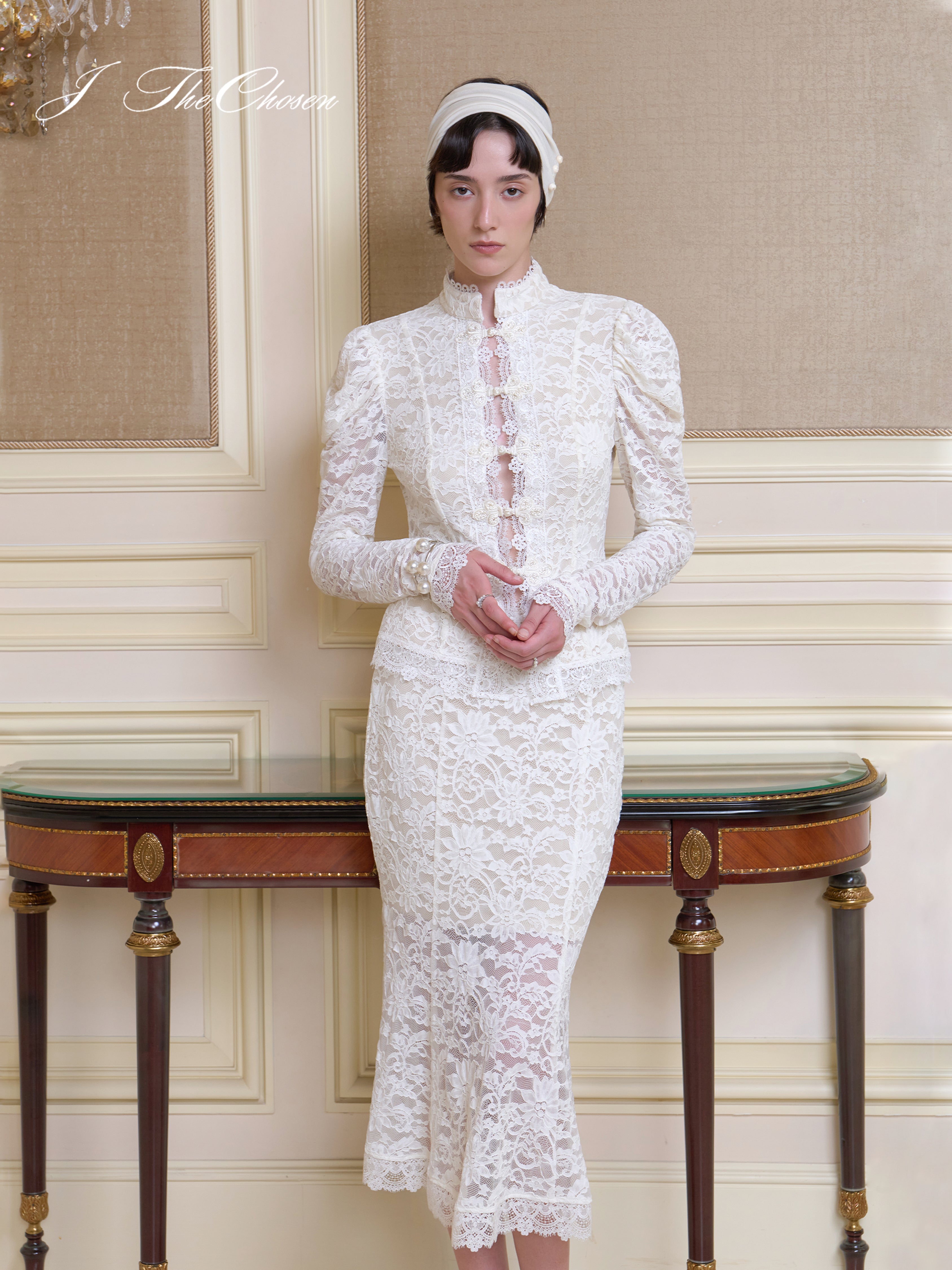 J TheChosen Vintage Lace Frog-Button Top & Mermaid Skirt Set