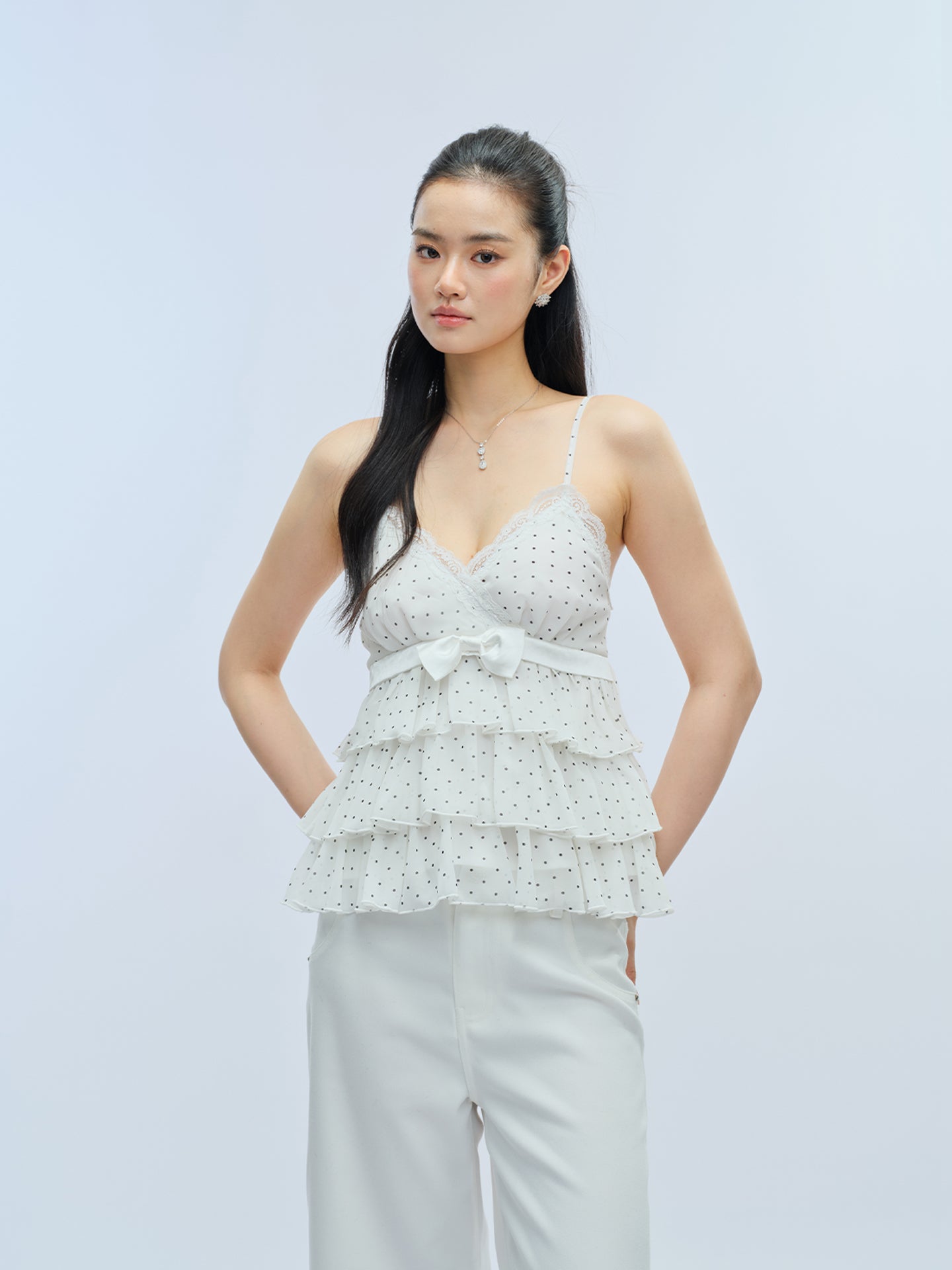 J TheChosen Polka Dot Chiffon Tiered Lace Bow Top