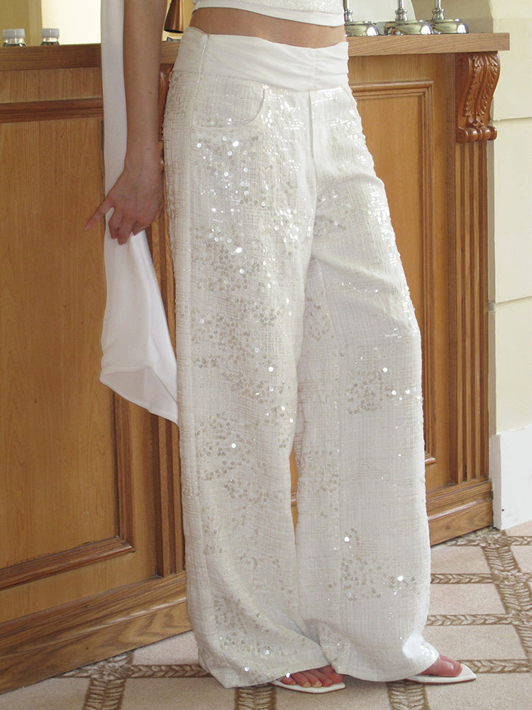 J TheChosen"Midday Moonbeam"White Sequin linen chiffon pleated pants