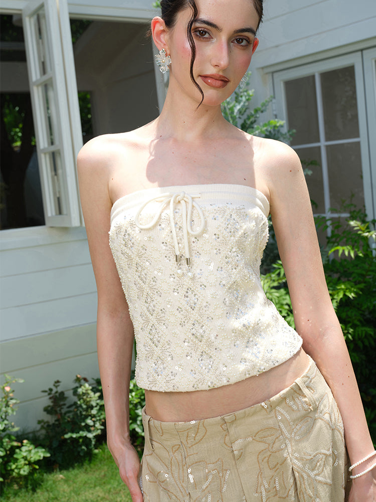 J TheChosen "Lucent Melt" Beaded heavy embroidery strapless top