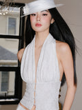 J TheChosen Lace Knit Halter Top with Pearl Buttons