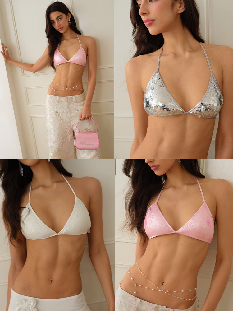 J TheChosen "Glimmering Tapestry" Sequin Flower Triangle Bikini  Top