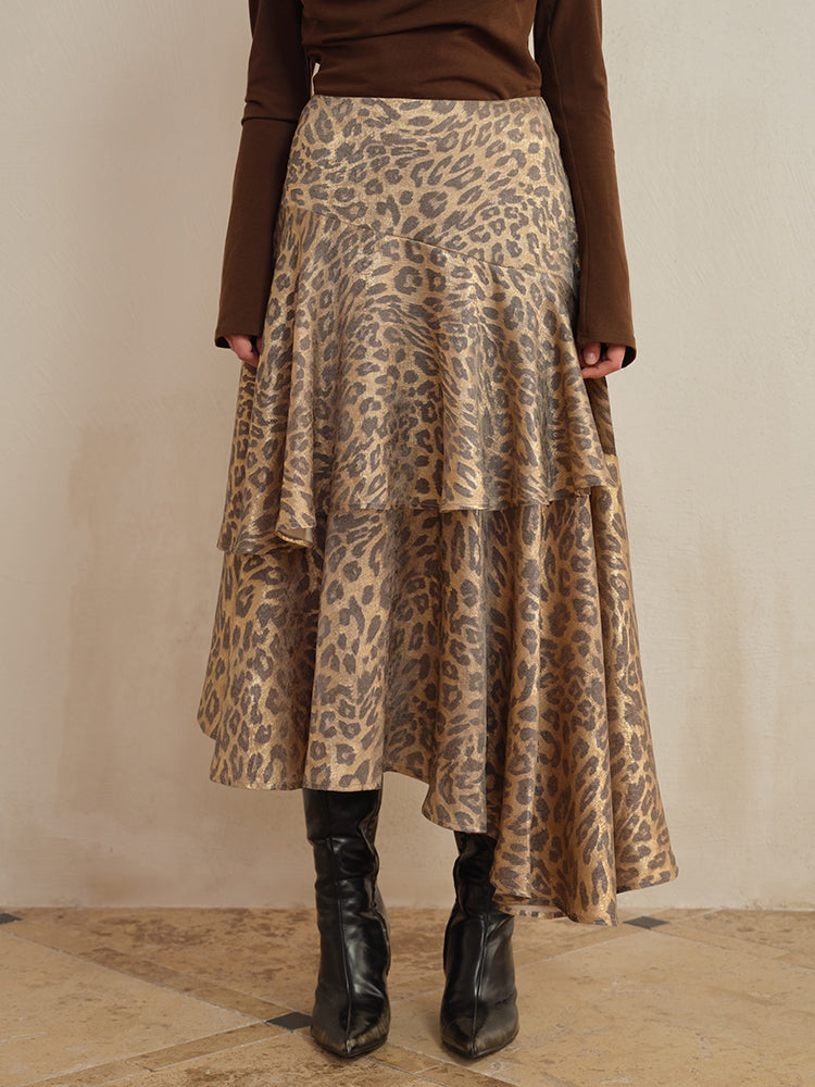 J TheChosen Asymmetrical Leopard Print Long Skirt