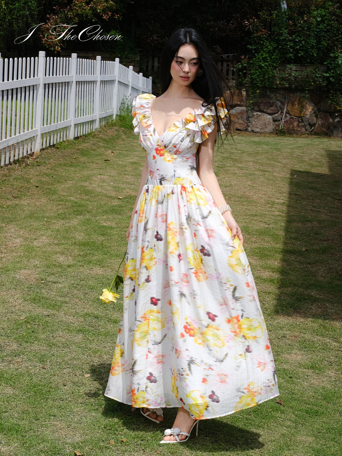 J TheChosen Ombre Floral Ruffle V-Neck Vacation Dress