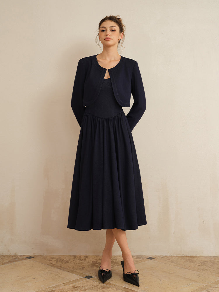J TheChosen Navy Strapless Corset Midi Dress With Cardigan