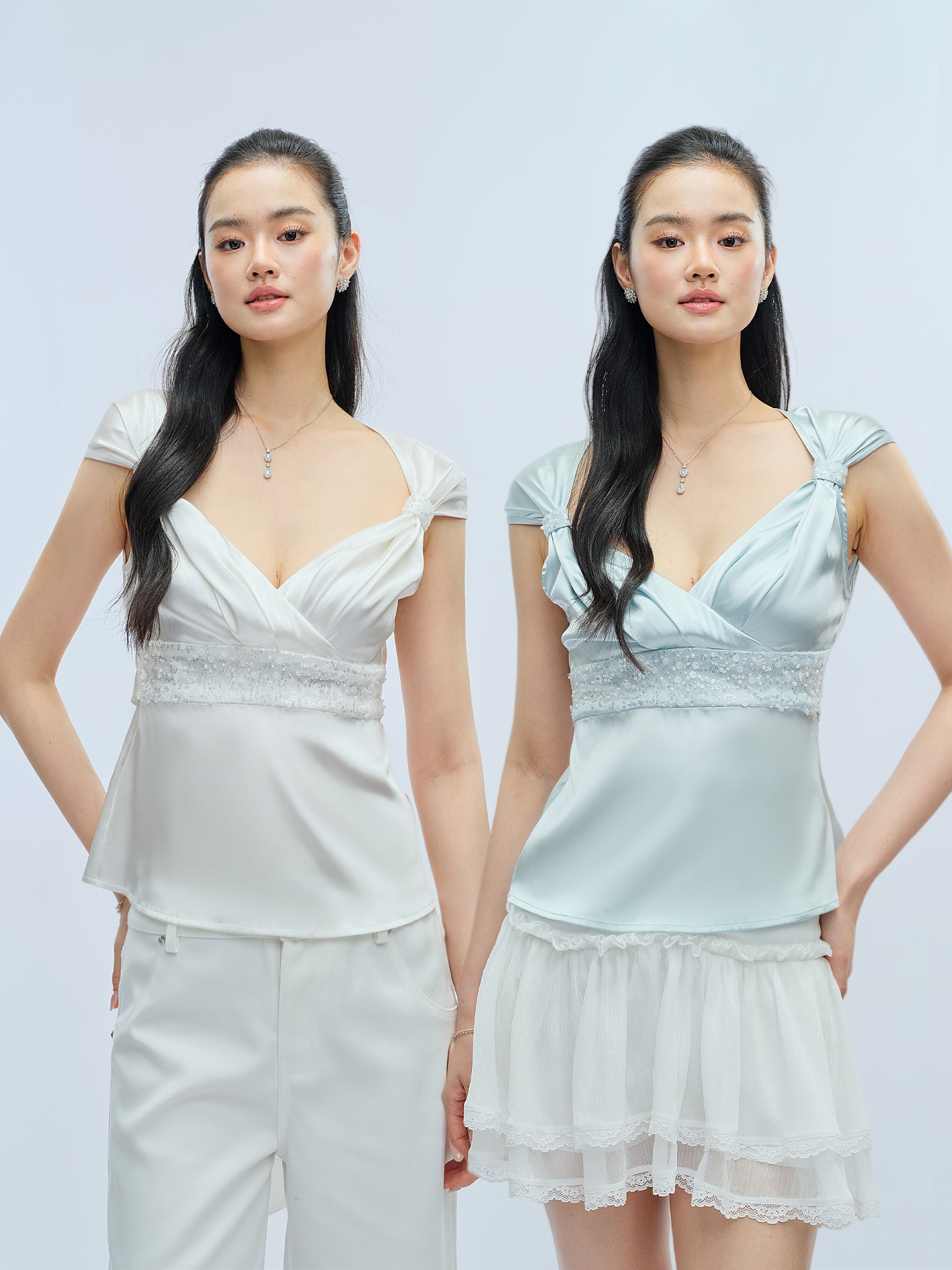 J TheChosen Beaded Satin V-Neck Wrap Top