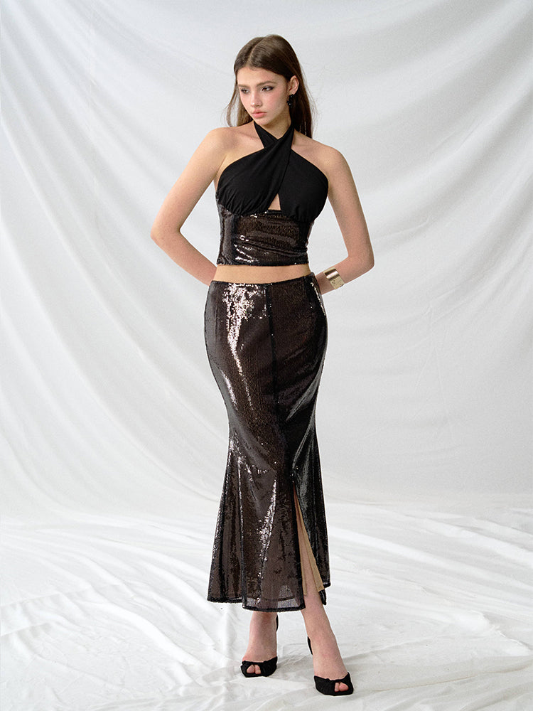 J TheChosen Black Sequin Chiffon Patchwork Top
