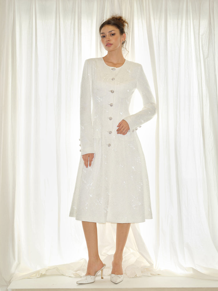 J TheChosen Camellia Lace Sequin With Pearl Buttons Midi Dress