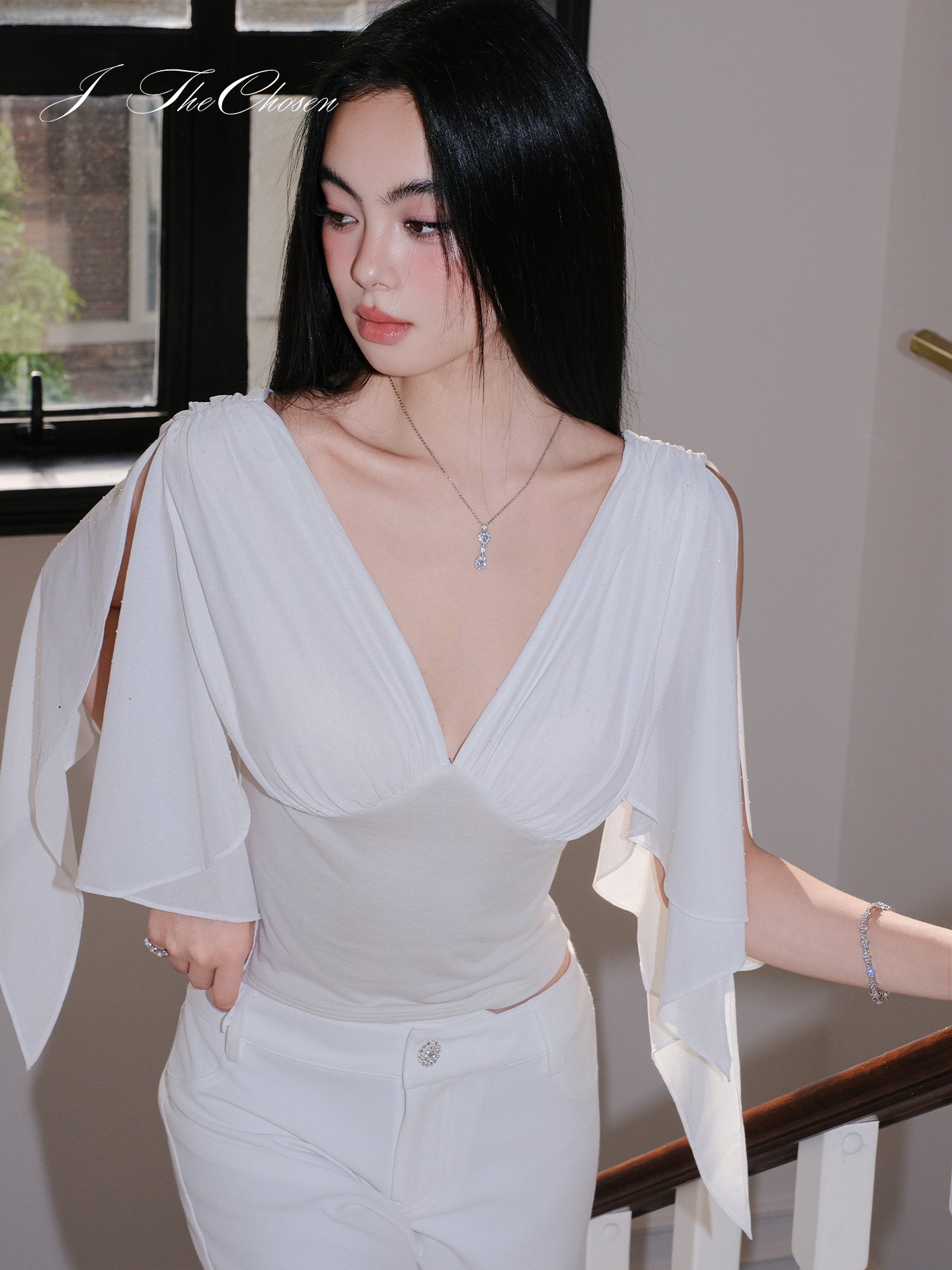 J TheChosen White Mesh Rhinestone Top