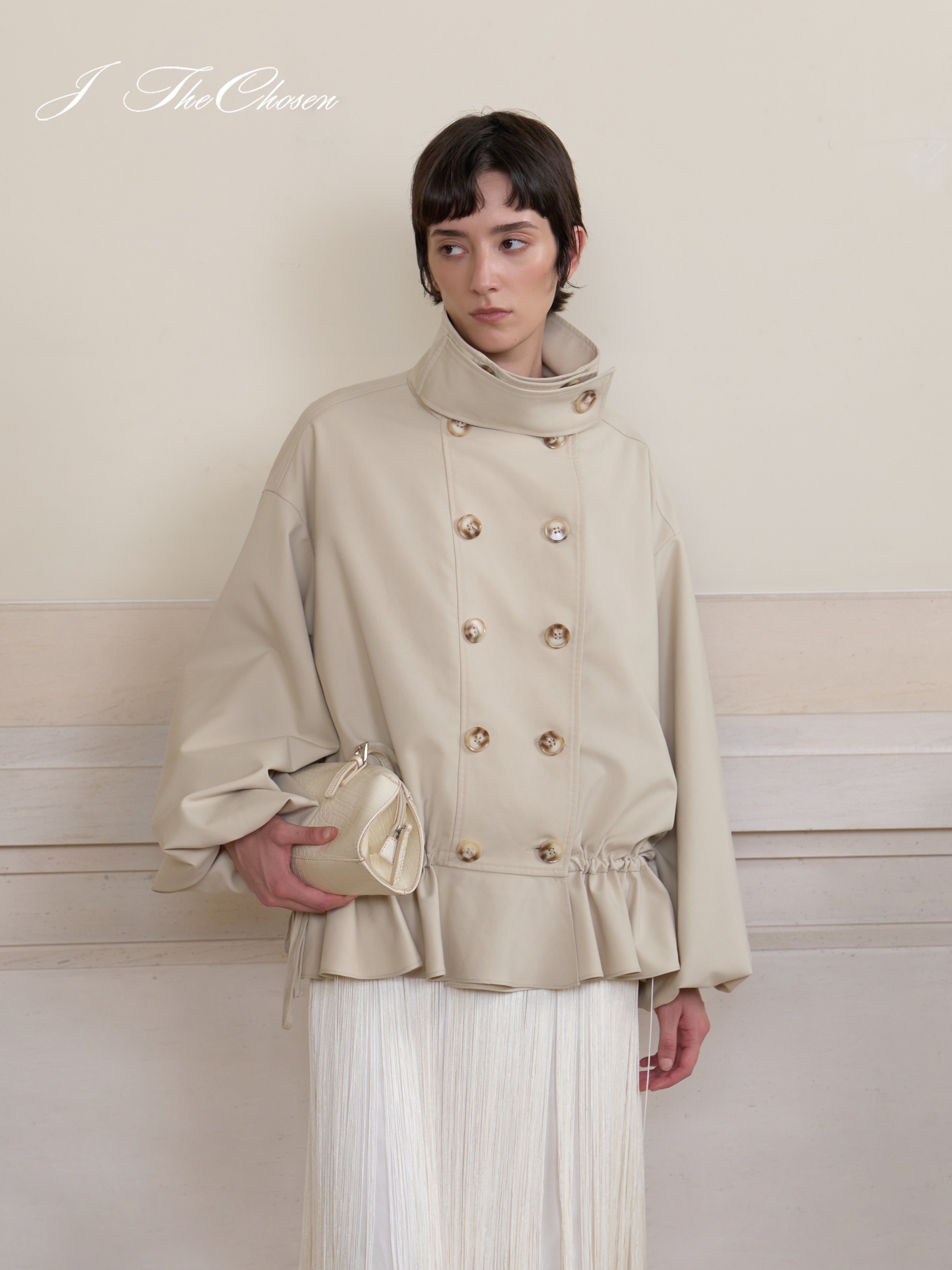 J TheChosen Drawstring Ruffle Trench Coat