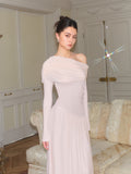 J TheChosen Milky Pink Off-Shoulder Knit Dress - Gathered Full Skirt