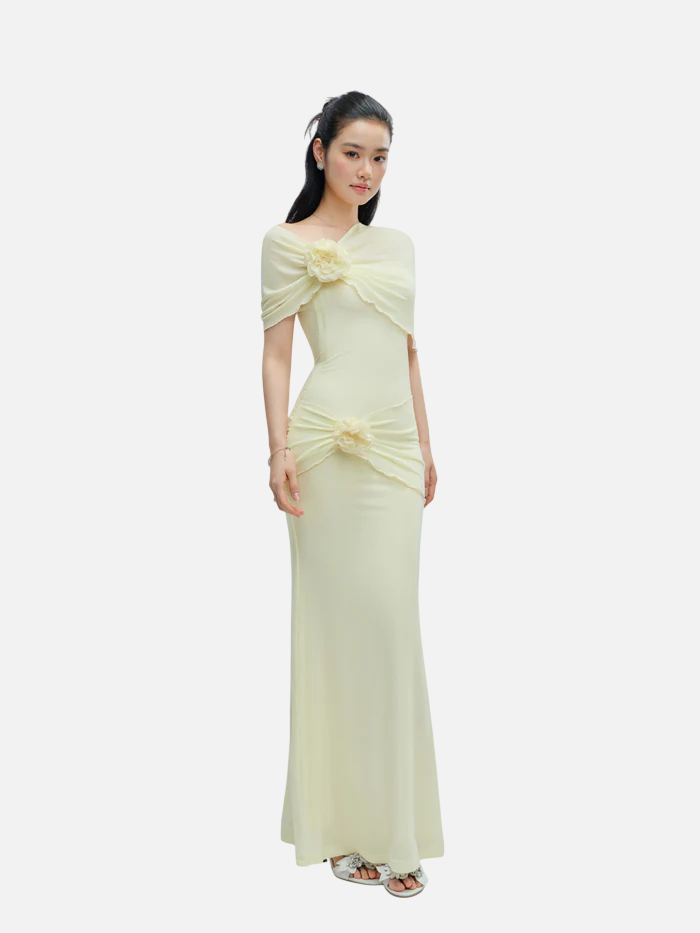 J TheChosen Yellow Satin Gown with Floral Stole