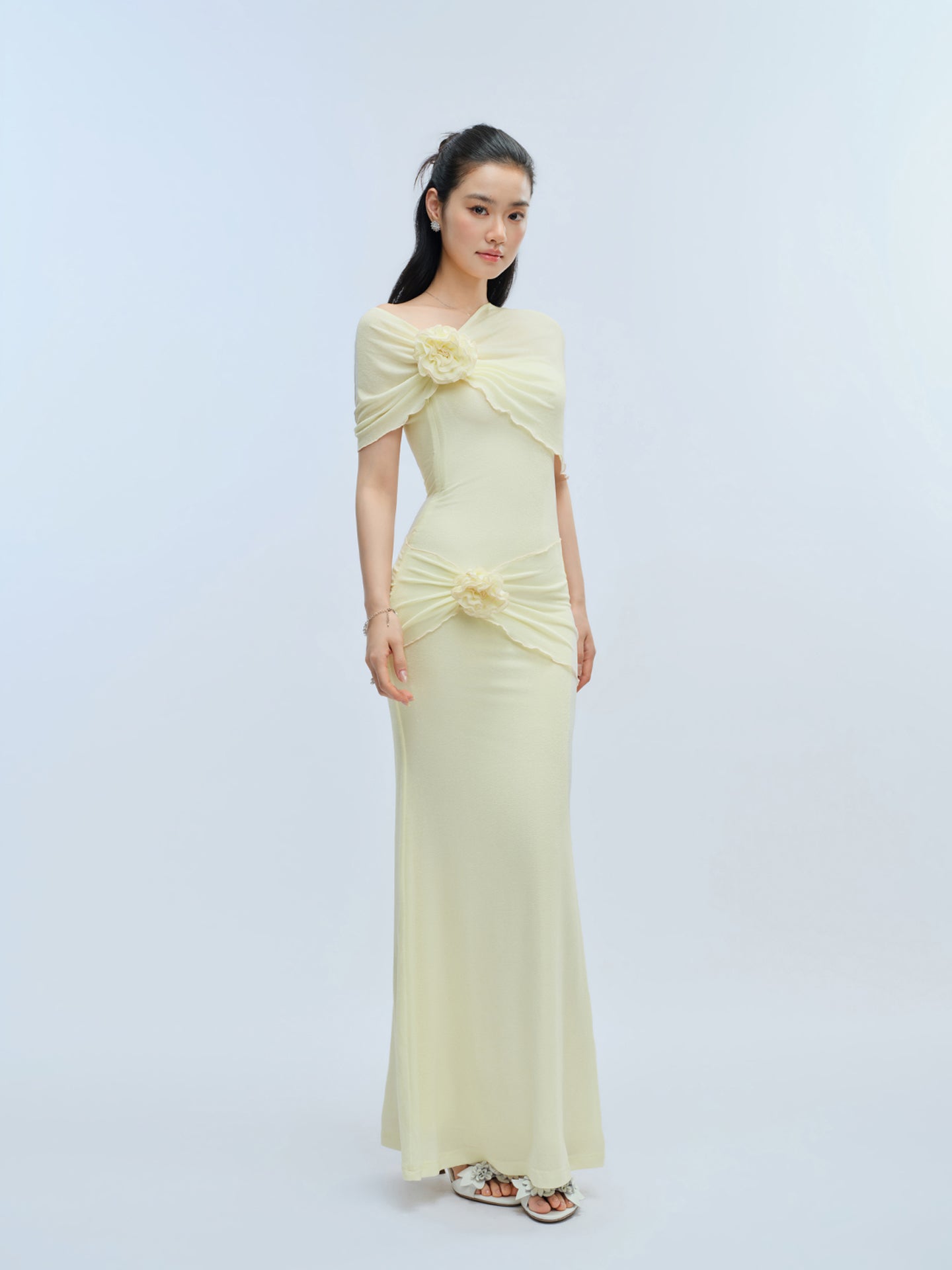 J TheChosen Yellow Satin Gown with Floral Stole