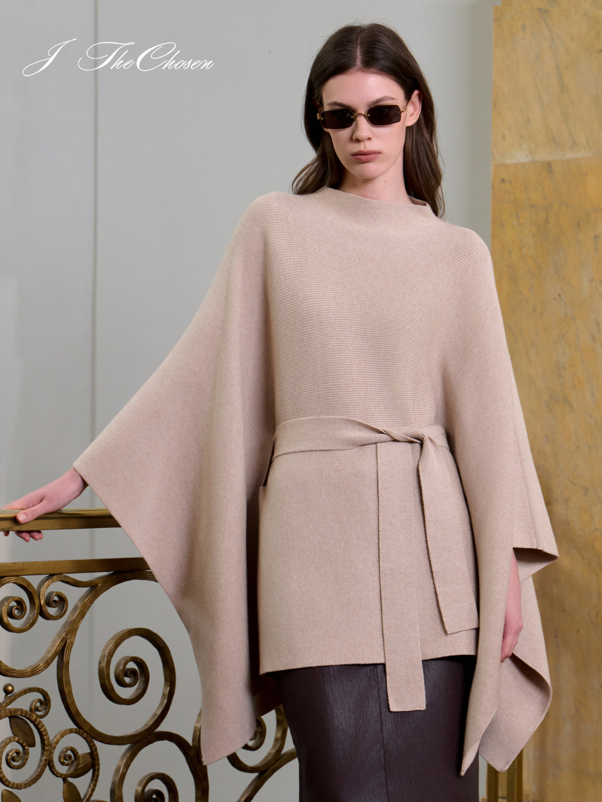 J TheChosen Dolman-Sleeve Tie-Front Knit Cape Sweater
