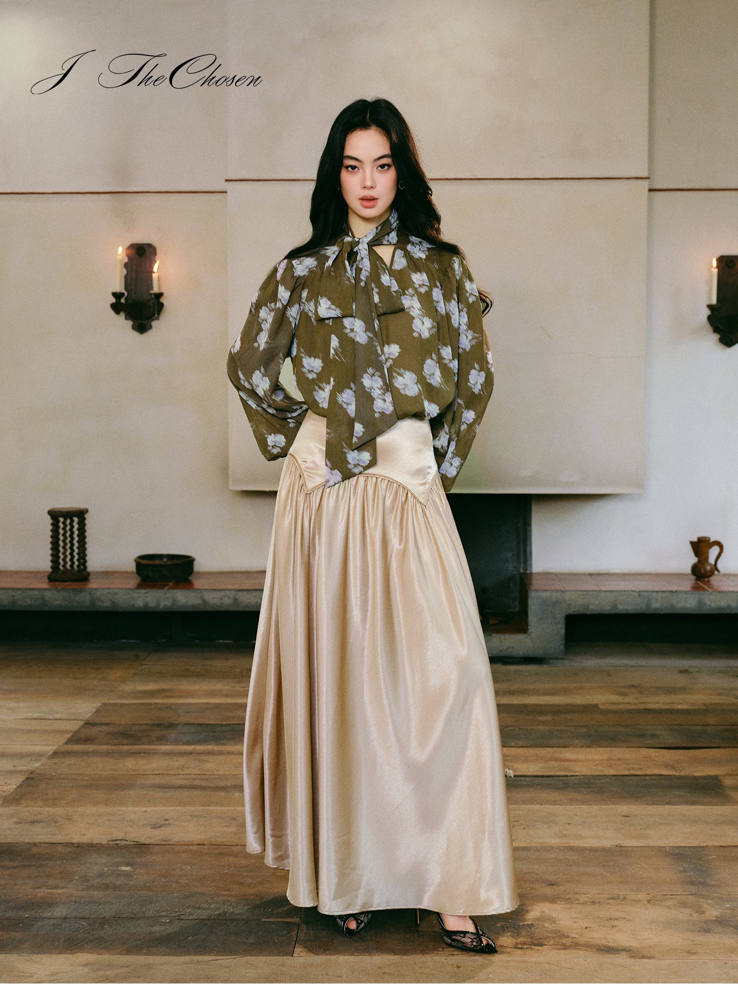 J TheChosen Long-Sleeve Shirt & Satin A-Line Skirt Set