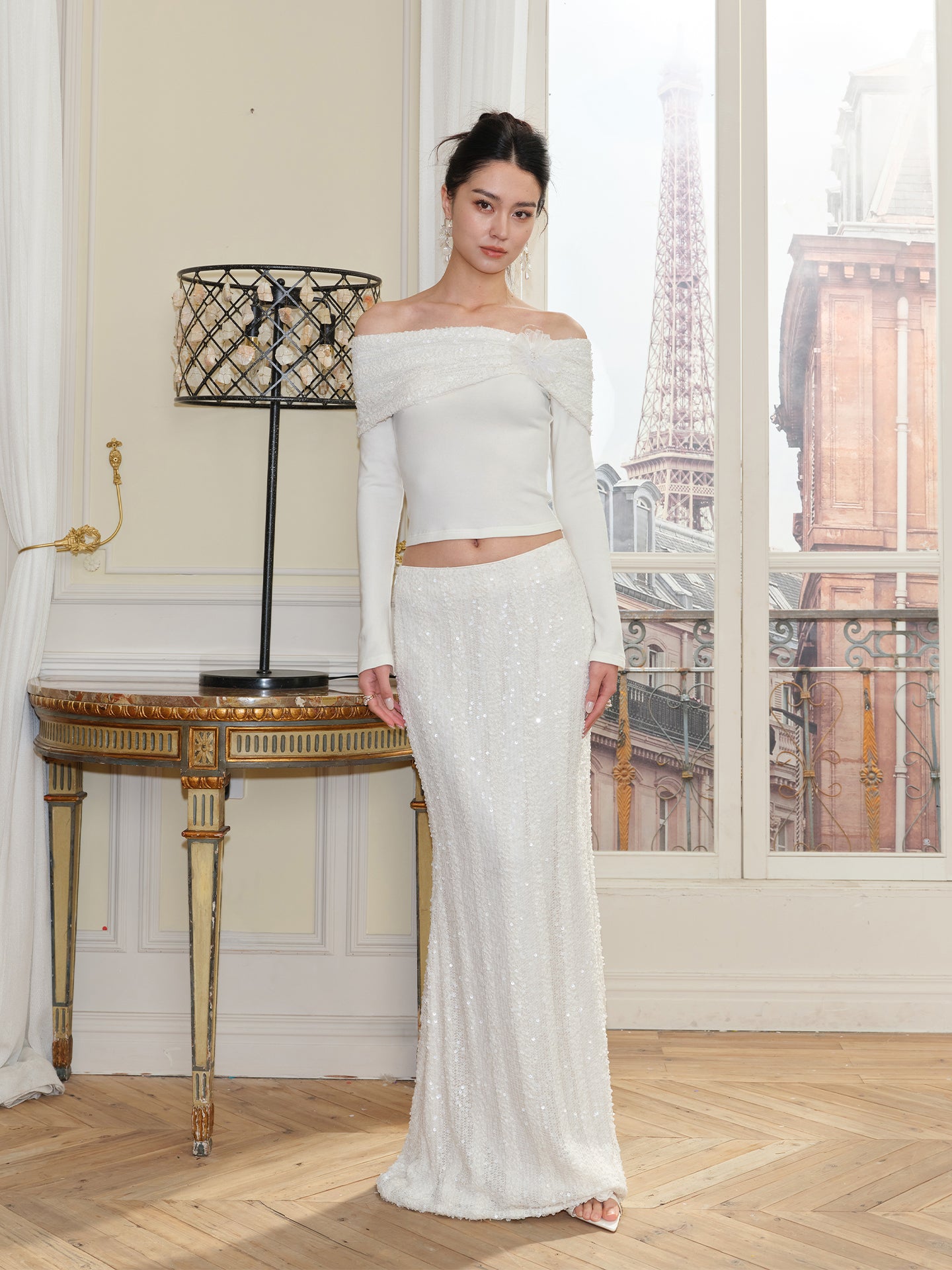 J TheChosen Off-Shoulder Sequin & Feather Top