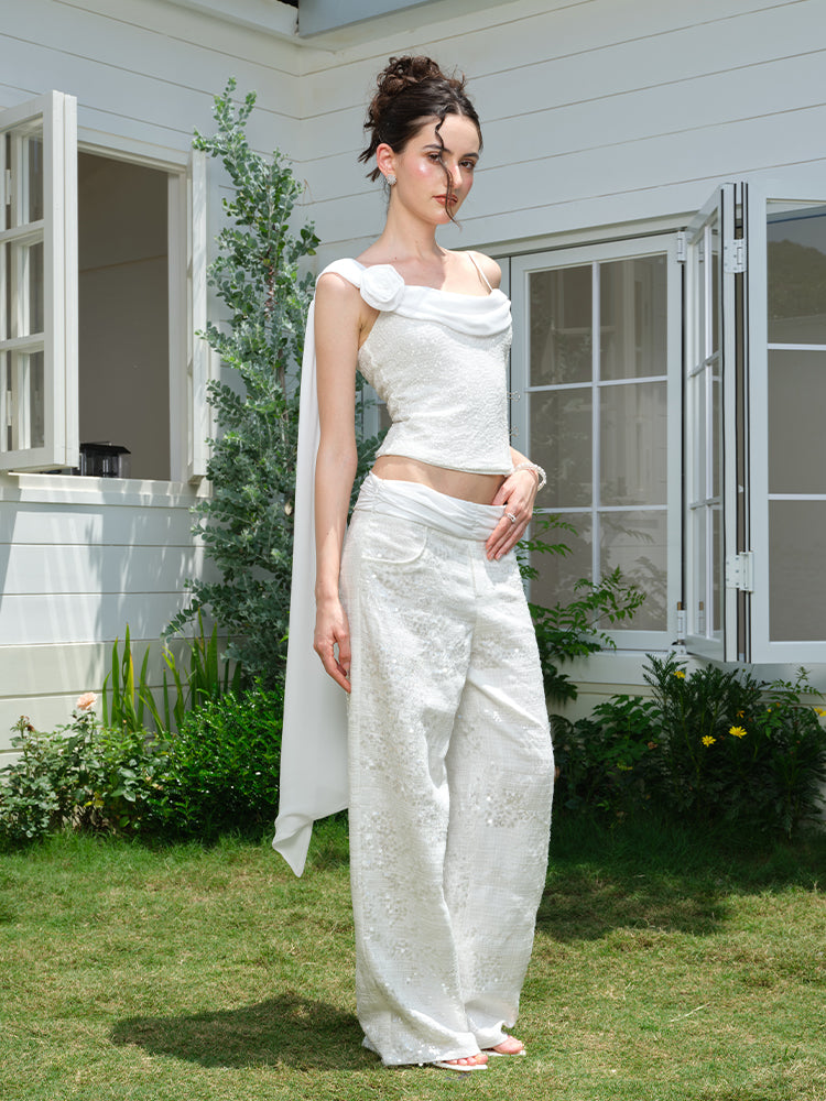 J TheChosen White Sequin Chiffon With 3D Floral Top