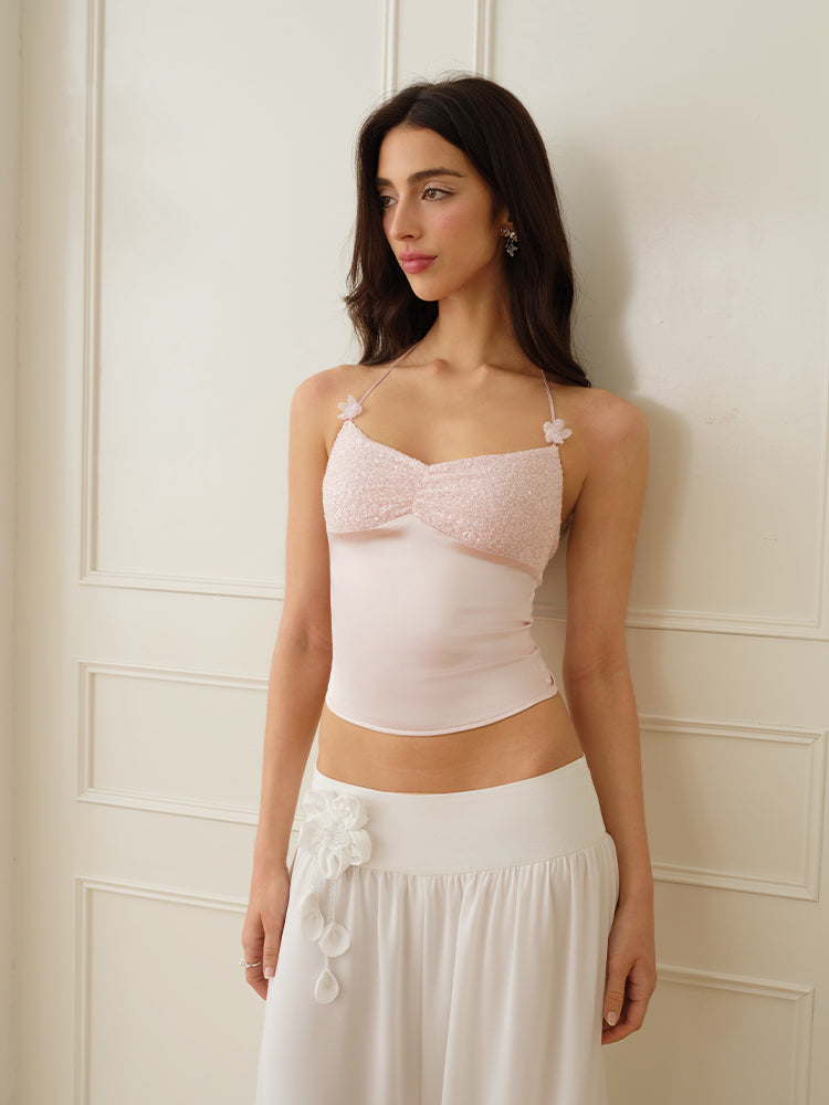 J TheChosen "Blushing Ripple"Pink sequin satin beaded spaghetti strap top.