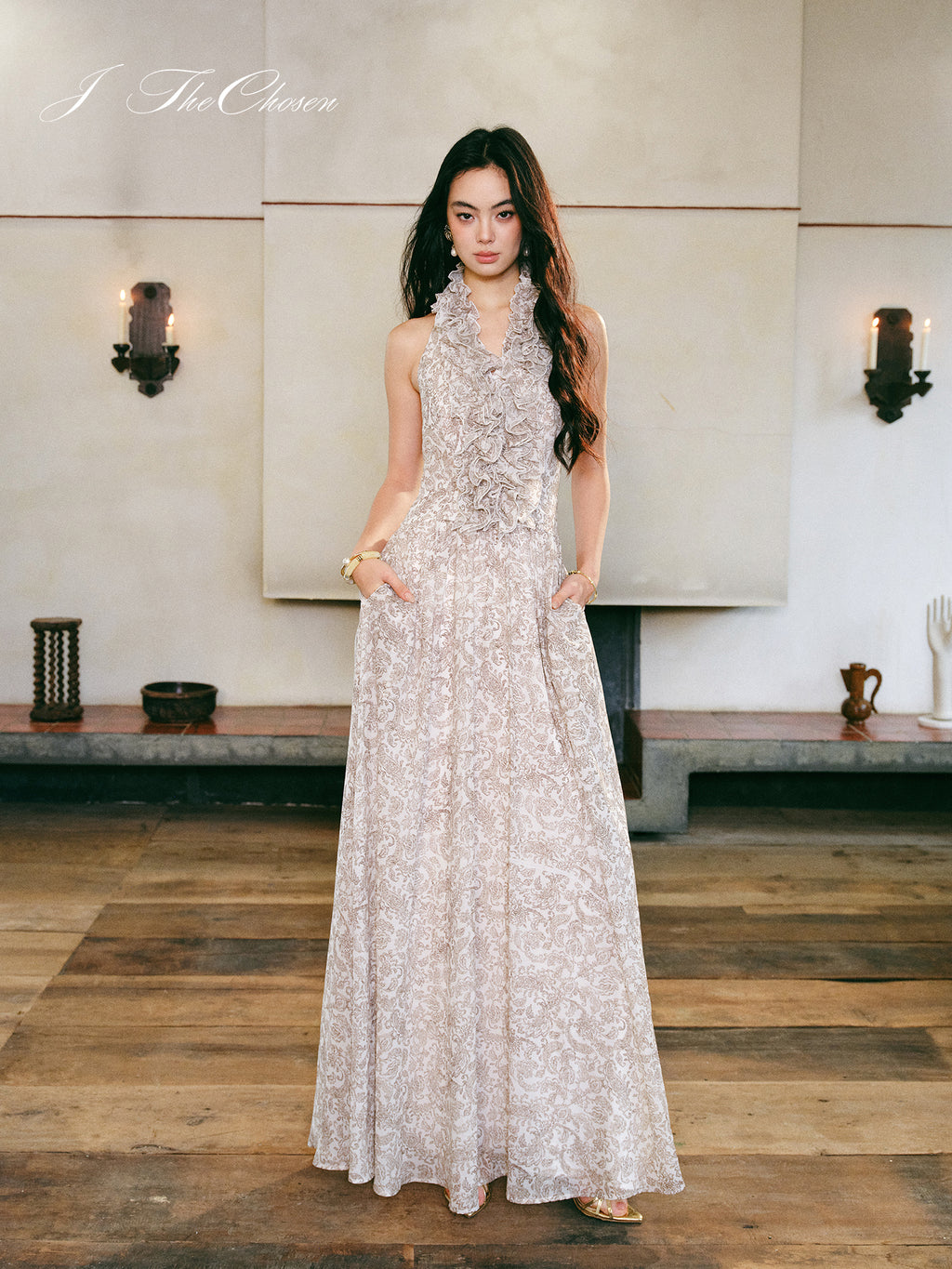 J TheChosen Halter Ruffle Waist Print Maxi Dress