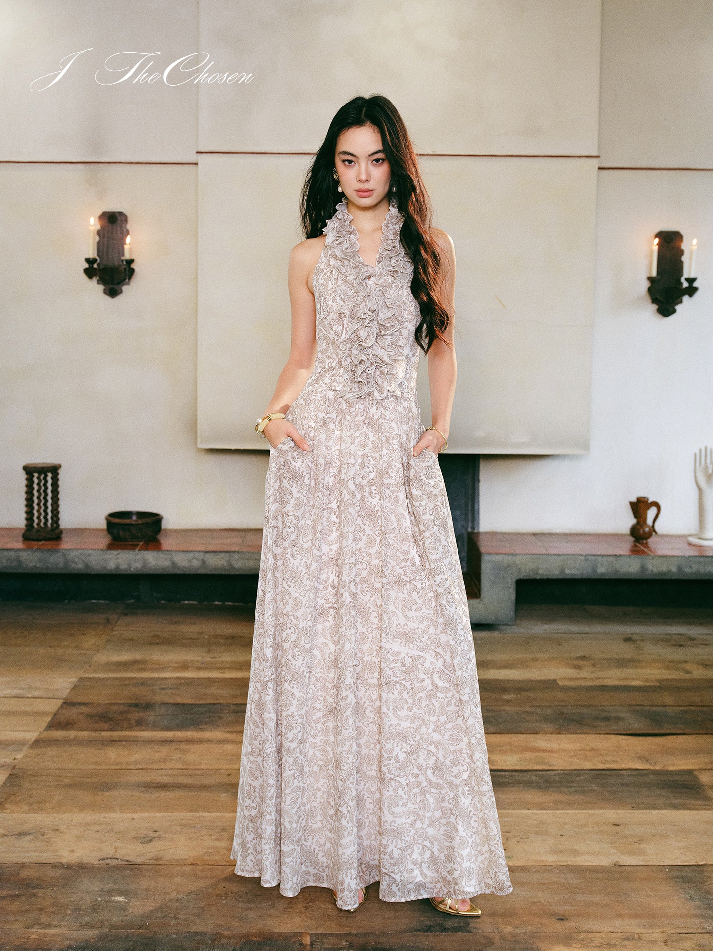 J TheChosen Halter Ruffle Waist Print Maxi Dress