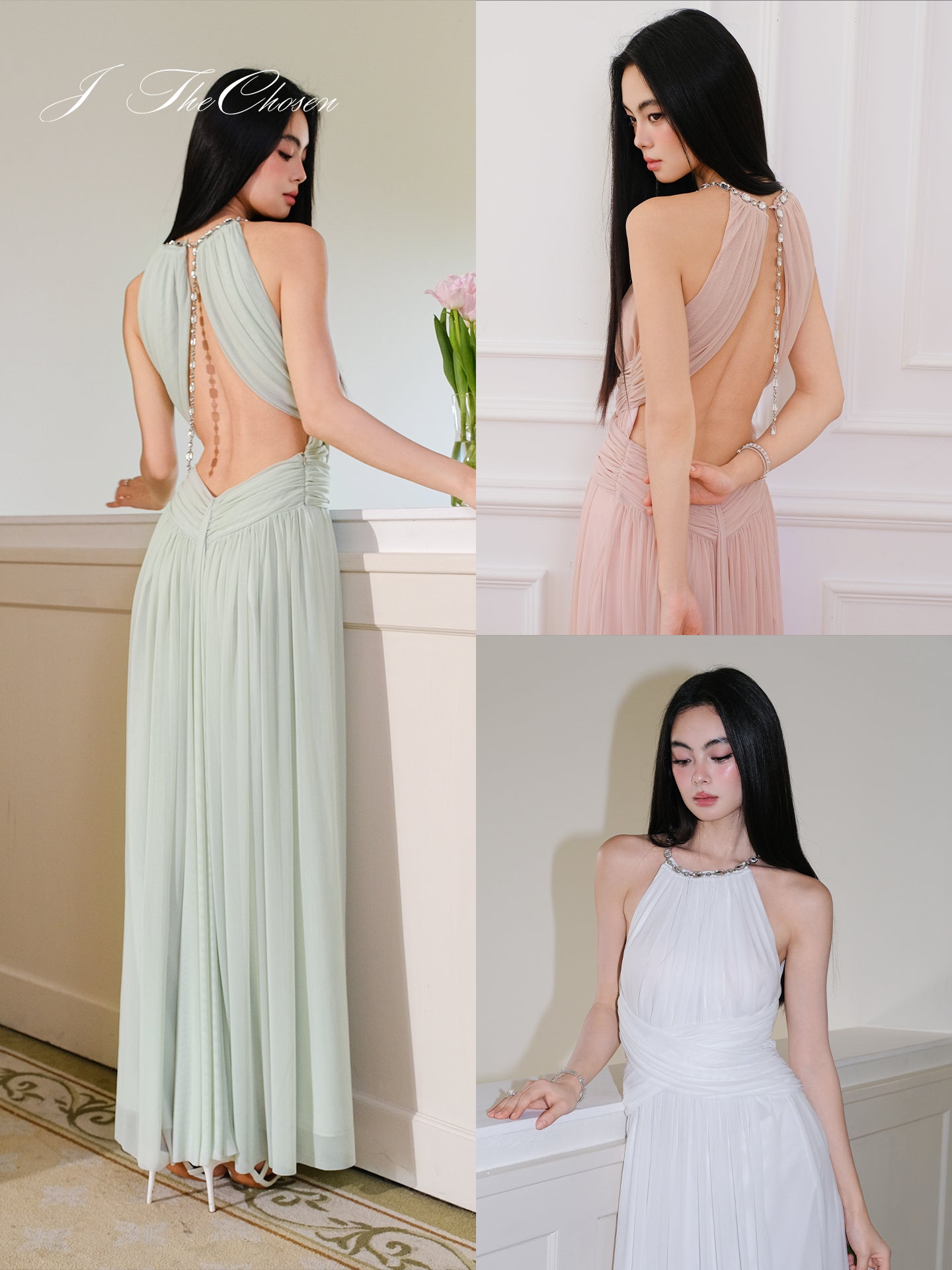 J TheChosen Mesh Ruched Halter Dress